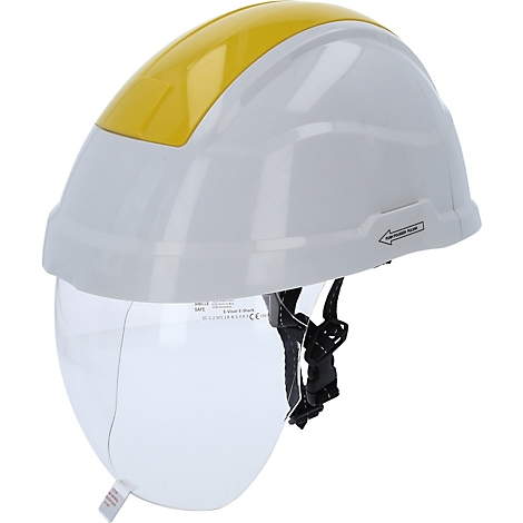 Weißer Schutzhelm mit gelber Spitze und transparentem Visier.