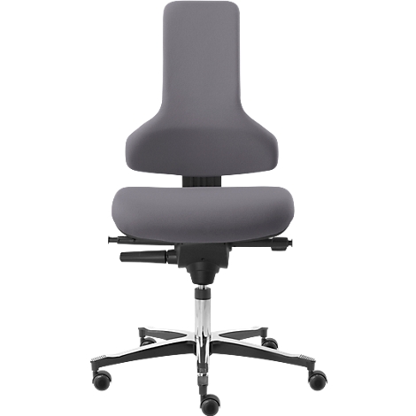 Ein grauer ergonomischer Bürostuhl mit hoher Rückenlehne und Rollen. Die Sitzfläche und Rückenlehne sind gepolstert.