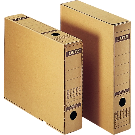 Two brown LEITZ file folders in front of a light background. Markings and a perforation can be seen on the front.