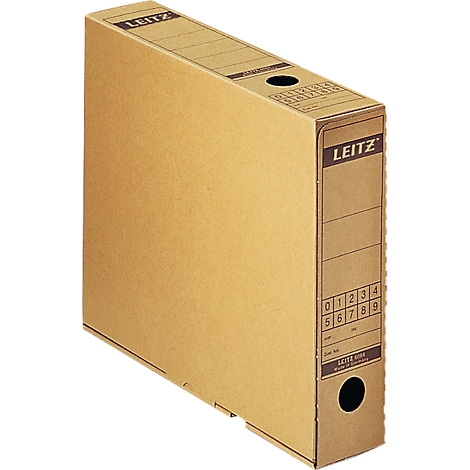 A brown cardboard Leitz binder, with viewing holes and labels with numbers, letters and the Leitz brand.