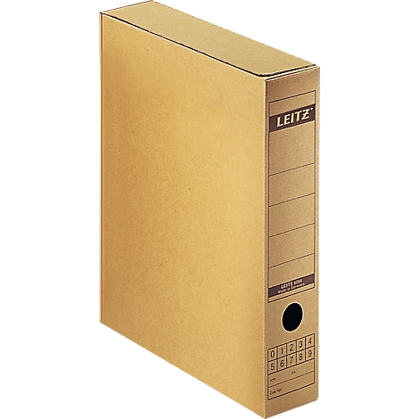 A brown Leitz file box stands upright. Black numbers and the Leitz logo are visible on the front.