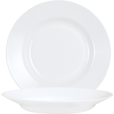 Deux assiettes blanches et rondes ; une verticale, l'autre légèrement inclinée.
