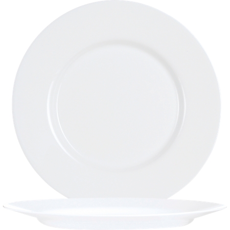 Assiette blanche, forme ronde avec un bord légèrement surélevé. L'assiette est légèrement inclinée et vue d'en bas.