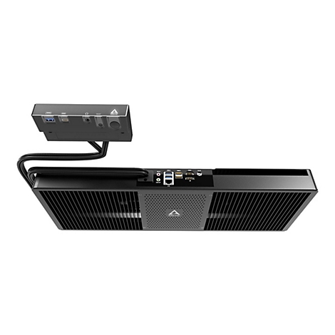 Schwarzes PC-Gehäuse mit Lüfter und externem Anschlussmodul; darunter das Firmenlogo ARCTIC.