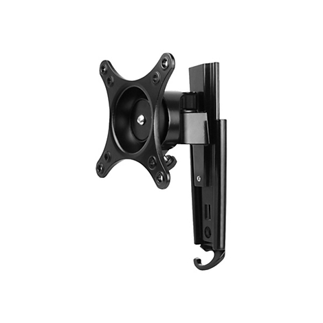 Schwarze Monitorhalterung, die aus einem Halter mit einem VESA-Montageloch besteht, das mit einem langen Schaft verbunden ist, an dem ein Haken befestigt ist.