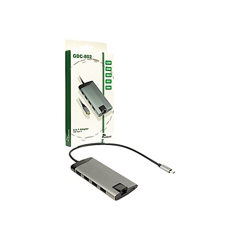 Ein silberner USB-C-Hub liegt vor seiner Verpackung. Verpackung: GDC-802, 8-in-1-Adapter.