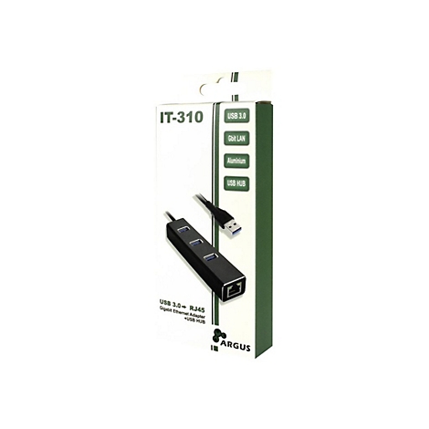 Auf weiÃŸem Hintergrund: Schwarzer USB-3.0-RJ45-Adapter in einer Verpackung mit Produktbeschreibungen.