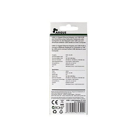 RÃ¼ckseite einer Produktverpackung mit Text und Logos. Informationen zum USB-3.0-Gigabit-Ethernet-Adapter.