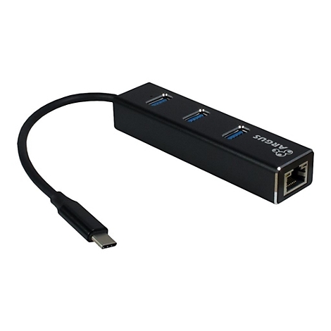 Schwarzer USB-C-Hub von Argus mit drei USB-Anschlüssen und einem Netzwerkanschluss auf weißem Hintergrund.