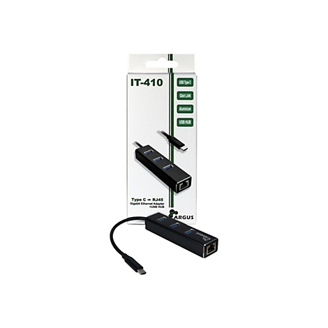 Schwarzer USB-C auf Gigabit LAN Adapter mit Hub in Originalverpackung vor weißem Hintergrund.
