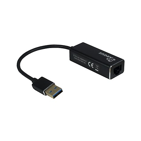 Schwarzer USB-zu-Ethernet-Adapter mit RJ45-Anschluss. Aufschrift ARGUS und CE-Zeichen.