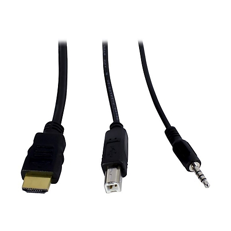 Drei schwarze Kabel mit unterschiedlichen AnschlÃ¼ssen: HDMI, USB und Klinke.