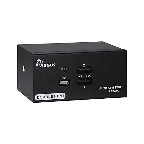 Schwarzer KVM Switch von Argus. Mit AnschlÃ¼ssen, Tasten, und der Aufschrift Double HDMI.