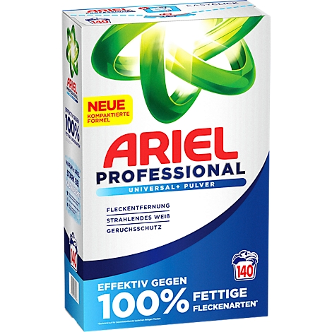 Weiße Ariel-Waschmittelpackung mit rotem Logo. Aufschrift: Professional Universal+ Pulver, gegen fettige Fleckenarten.