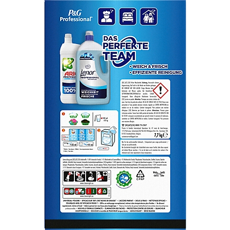 Flaschen von Ariell und Lenor, Text "Das perfekte Team", blauem Hintergrund. Text: Weichheit, Frische und effiziente Reinigung.