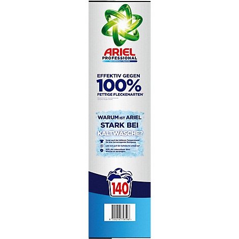Aufdruck: Ariel Professional. Text: Effektive gegen 100% fettige Fleckenarten. Warum ist Ariel stark bei Kaltwäsche?. Abbildung: Waschmittelpackung.