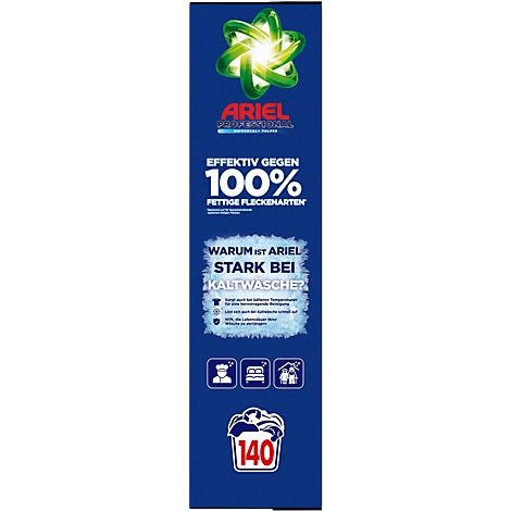 Blaues Produktbanner von Ariel. Oben links Stern mit grünem Logo. Darüber der Schriftzug Ariel. Darunter Informationen zur Reinigung.