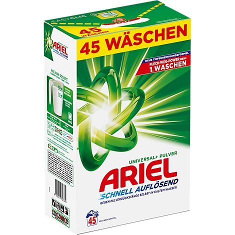 Eine Ariel Waschmittelpackung in Weiss, Grün und Rot. Aufschrift: 45 Wäschen, Schnell auflösend. Das Logo zeigt einen grünen Strudel.
