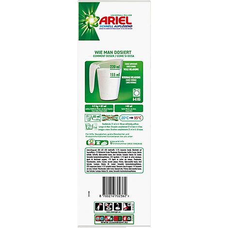Rückseite einer Ariel Waschmittelverpackung mit Dosieranleitung. Text in Deutsch, Französisch und Italienisch, ein Messbecher und Temperaturangaben sind abgebildet.