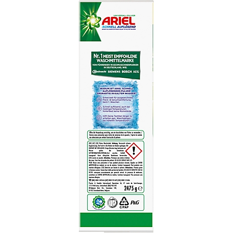 Ariel Waschmittelpackung mit Text: 'Nr. 1 meist empfohlene Waschmittelmarke'. Gefahrensymbol. Gewicht: 2475g.