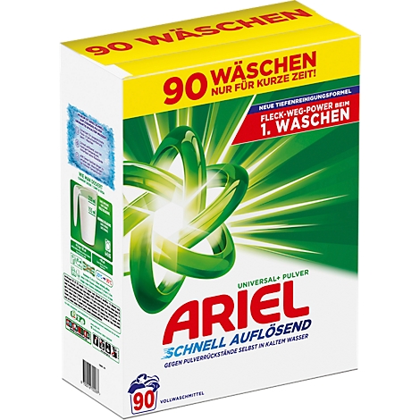 Weisser Karton mit Ariel Waschmittel. Oben steht "90 Wäschen" und "Nur für kurze Zeit!". "Schnell auflösend" in roter Schrift darunter. Grün-weisser Hintergrund.