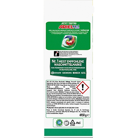 Verpackung mit Ariel All-in-1 Pods, grün-weisses Design, Text: "Nr. 1 meist empfohlene Waschmittelmarke".