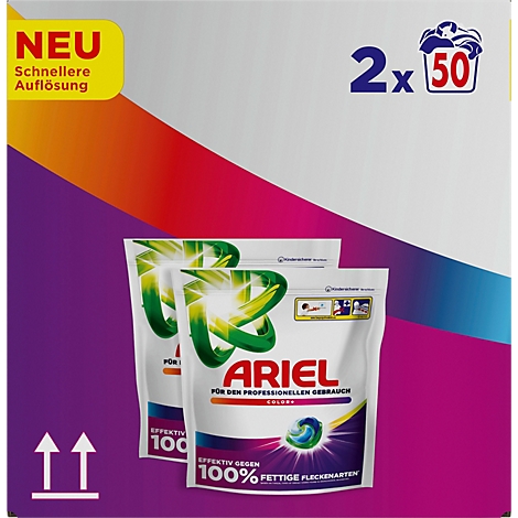 Zwei Packungen Ariel Waschmittel Pods für den professionellen Gebrauch mit Hinweis auf 100 Waschgänge.