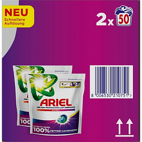 Ariel Color+ Waschmittel-Pods, Doppelpack für 100 Waschgänge, lila Verpackung mit Strichcode.