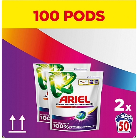 Zwei Packungen Ariel Color Pods für professionellen Gebrauch mit insgesamt 100 Stück.