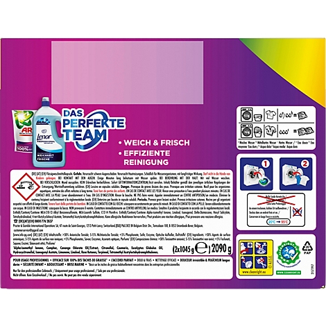 Rückseite einer Lenor-Waschmittelverpackung mit Produktabbildung, Anwendungshinweisen und Sicherheitsetikett.
