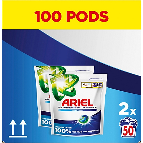 Zwei Packungen Ariel Universal Pods mit insgesamt 100 Stück im Vorratspack.