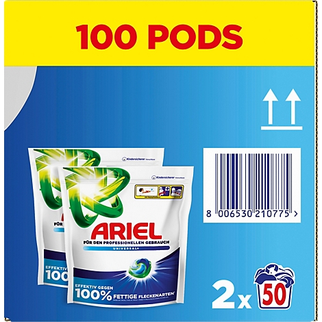 Ariel Waschmittel-Großpackung mit zwei Beuteln zu je 50 Pods, insgesamt 100 Pods auf blauem Grund.