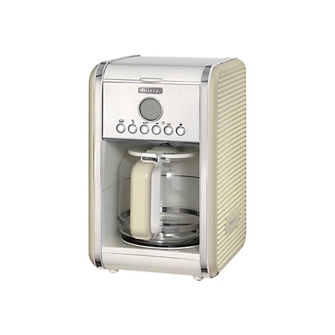 Beige Kaffeemaschine im Retro-Design mit digitalem Display und Glaskanne vor weißem Hintergrund.