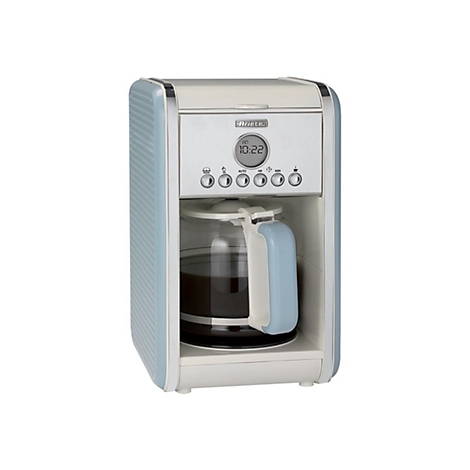 Hellblaue Retro-Kaffeemaschine von Ariete mit Digitalanzeige und Glaskanne auf weißem Hintergrund.