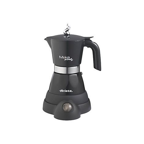 Schwarze elektrische Espressokocher-Maschine von Ariete mit glänzendem Finish und silbernem Knauf auf weißem Grund.