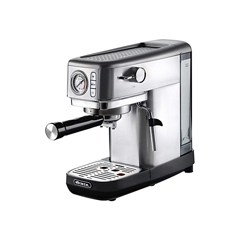 Ariete Espressomaschine aus Edelstahl mit schwarzem Griff, Druckanzeige und Tassenabstellfläche vor weißem Hintergrund.