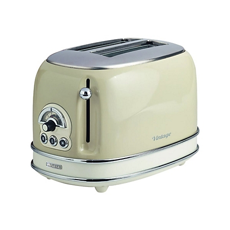Beiger Ariete Toaster im Retro-Design mit Chrom-Akzenten auf weißem Hintergrund.