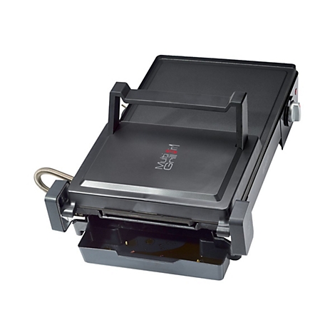 Schwarzer Multi-Grill 3in1 mit Auffangschale vor weißem Hintergrund.