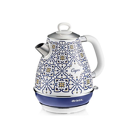 Ariete Wasserkocher mit blau-weißem Kachelmuster und Capri Schriftzug vor weißem Hintergrund.