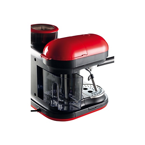 Rote und schwarze Espressomaschine mit durchsichtigem Wassertank vor weißem Hintergrund.