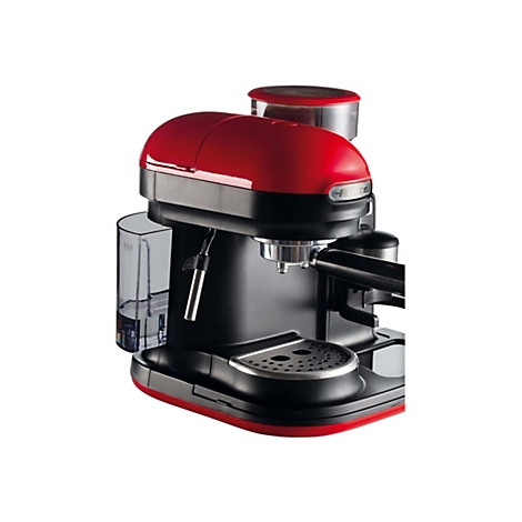 Ariete Espressomaschine in Rot und Schwarz mit seitlichem Wassertank und Siebträger auf weißem Hintergrund.