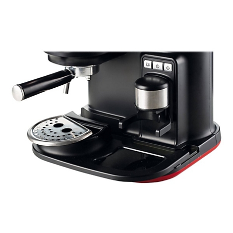 Nahaufnahme einer schwarzen Espressomaschine mit Siebträger, Tassenablage und integriertem Kaffeepulver-Stampfer.