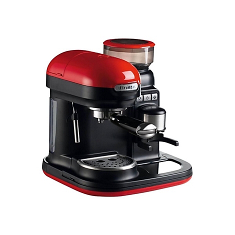 Ariete Espressomaschine in Schwarz und Rot mit integrierter Kaffeemühle auf weißem Hintergrund.
