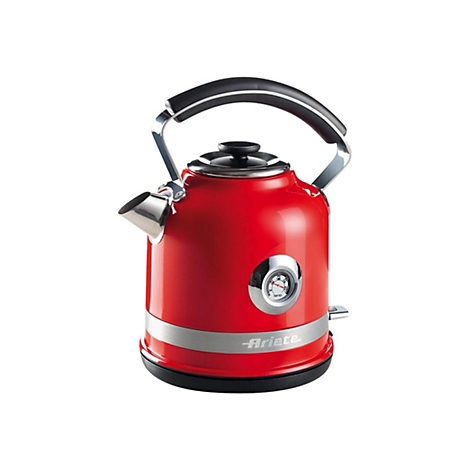 Roter, glänzender Retro-Wasserkocher von Ariete mit analoger Temperaturanzeige auf weißem Hintergrund.