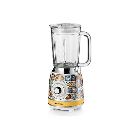 Bunter Ariete Standmixer mit Fliesenmuster und gelbem Fuß vor weißem Hintergrund.