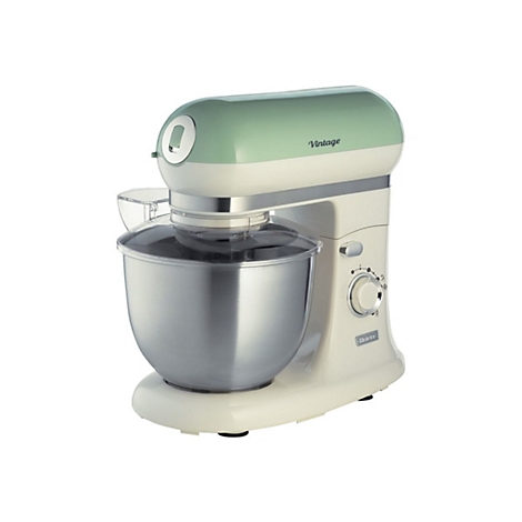 Pastellgrüne Küchenmaschine im Retro-Design mit Edelstahlrührschüssel vor weißem Hintergrund.