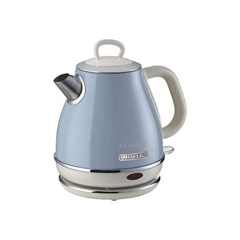 Himmelblauer Ariete Vintage-Wasserkocher mit weißem Griff und Deckel, auf weißem Hintergrund.