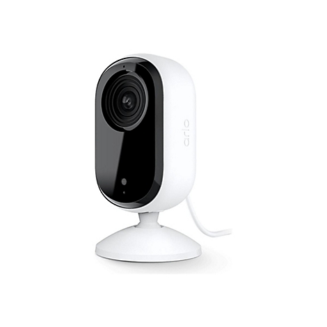 Caméra de surveillance blanche 'Arlo' avec une lentille noire et un support.
