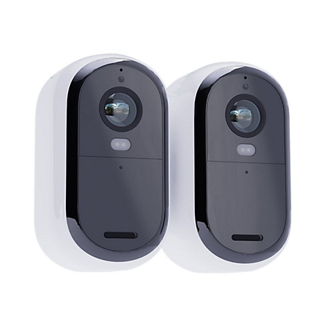 Deux caméras de surveillance blanches avec des accents noirs et des objectifs. Forme ronde avec des boutons et des ouvertures pour haut-parleurs.