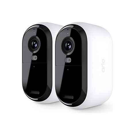Deux caméras de surveillance blanches, avec face noire et caméra. Inscription "arlo".